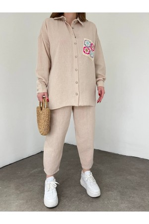 Pocket Colored Lacy Double Linen Set - Beige