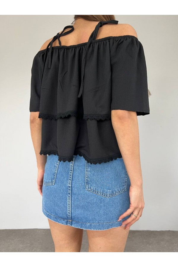 Rose Embroidered Guipure T-Shirt -Black