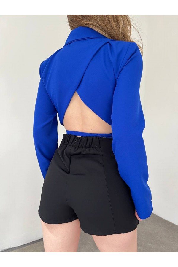 Sırt Dekolteli Beli Bağcıklı Crop Ceket -Saks