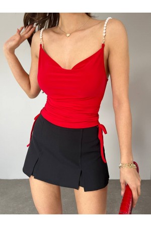 İnci Askılı Yanı Büzgülü Sandy Bluz  -Kırmızı