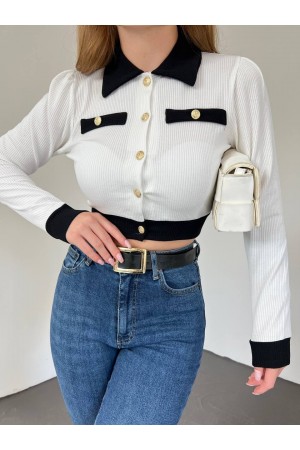 Düğmeli Cep Detaylı Crop Hırka -Beyaz
