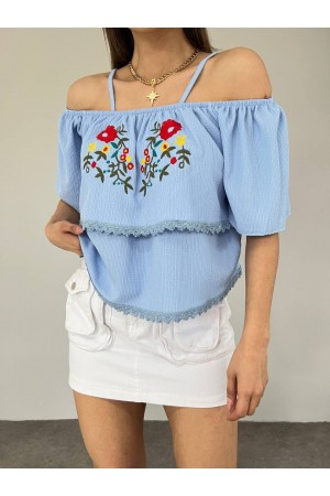 Gül Nakışlı Güpürlü İp Askılı Tişort -Bebe Mavi