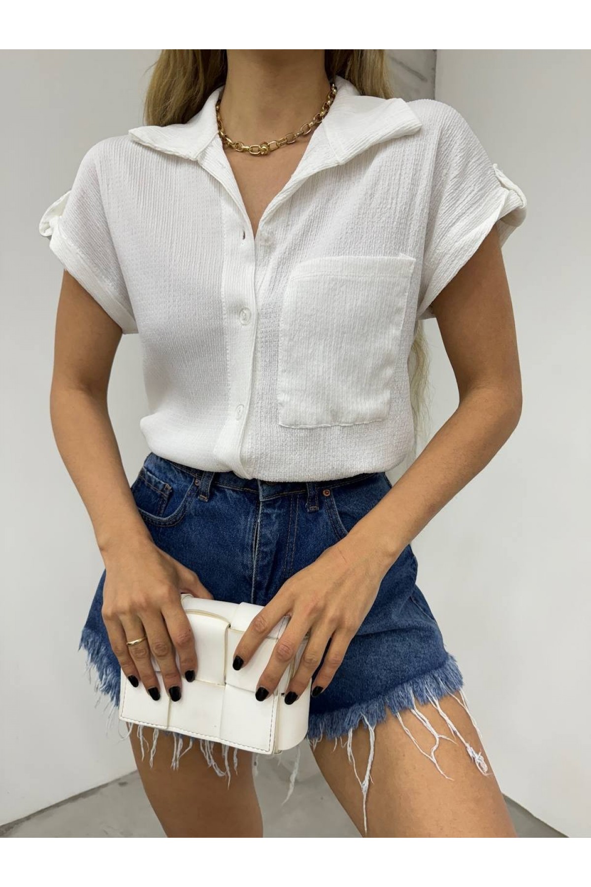 Double Sleeve Single Pocket Wrinkled Shirt  -White