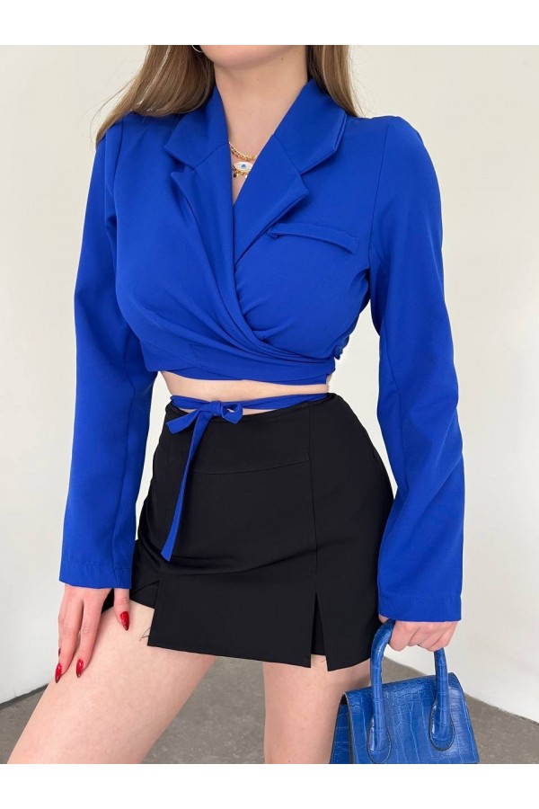 Sırt Dekolteli Beli Bağcıklı Crop Ceket -Saks