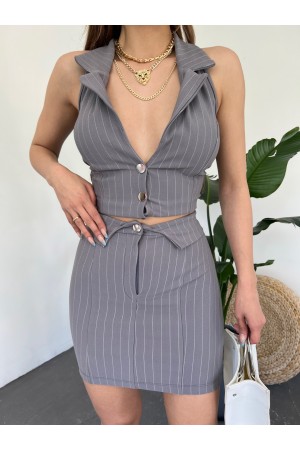 Üstü Yelek Çizgili Etekli İkili Takım -Gri