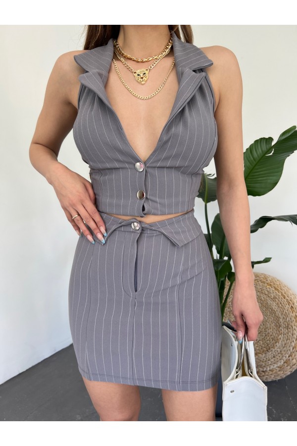 Top Vest Striped Skirt Double Suit -Grey