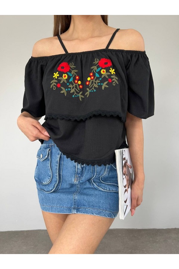 Rose Embroidered Guipure T-Shirt -Black