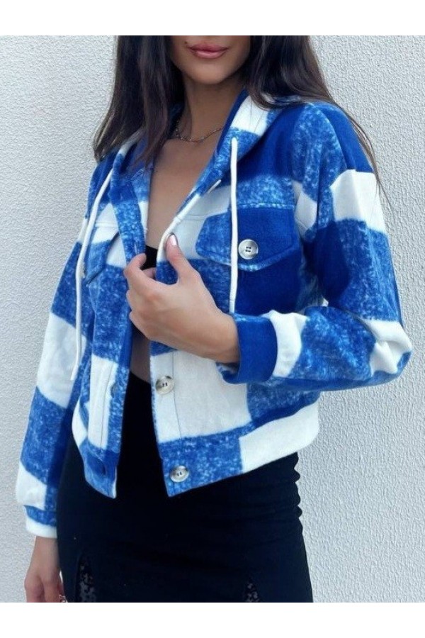 Hooded Plaid Fleece Crop Jacket -Blue