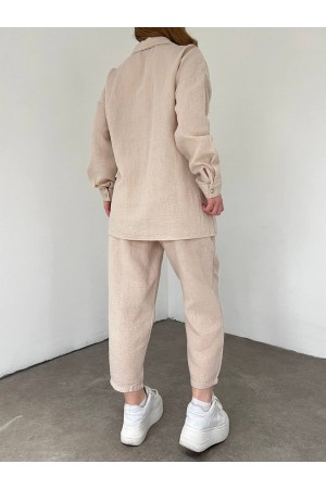 Pocket Colored Lacy Double Linen Set - Beige
