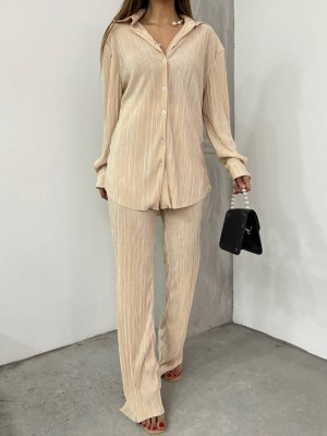 Plise Gömlekli İkili Takım  -Bej