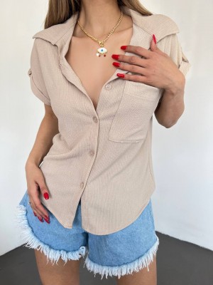 Duble Kol Tek Cepli Bürümcük Gömlek  -Bej
