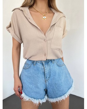 Double Sleeve Single Pocket Wrinkled Shirt  - Beige