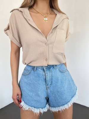 Double Sleeve Single Pocket Wrinkled Shirt  - Beige