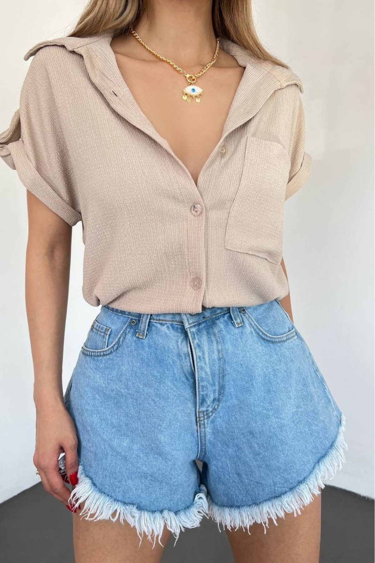 Double Sleeve Single Pocket Wrinkled Shirt  - Beige