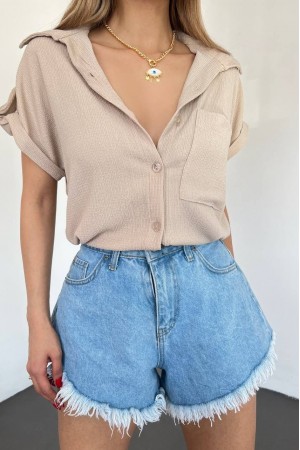 Duble Kol Tek Cepli Bürümcük Gömlek  -Bej