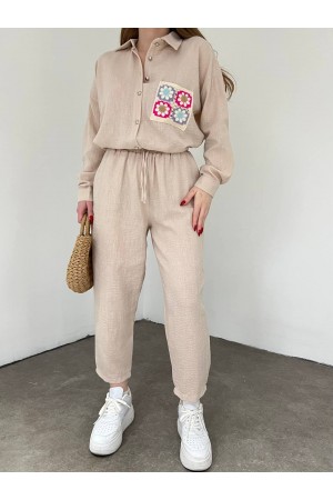 Cebi Renkli Dantelli İkili Keten Takım -Bej
