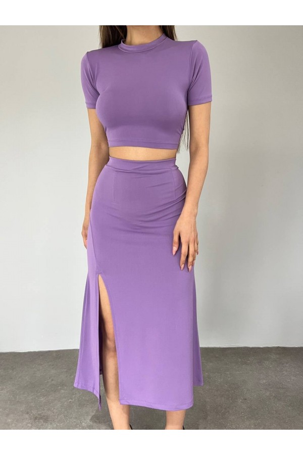 Sandy Crop Set With Slit Skirt -Lilac