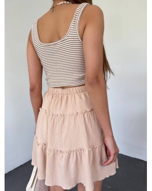 Parça Kumaş Beli Lastikli Şortlu Etek -Bej