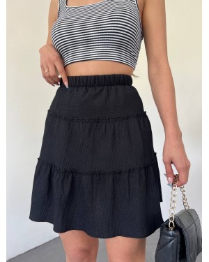 Parça Kumaş Beli Lastikli Şortlu Etek -Siyah