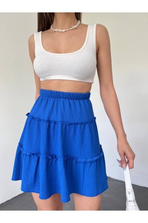 Parça Kumaş Beli Lastikli Şortlu Etek -Saks