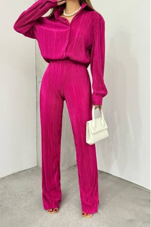 Plise Gömlekli İkili Takım -Fuşya
