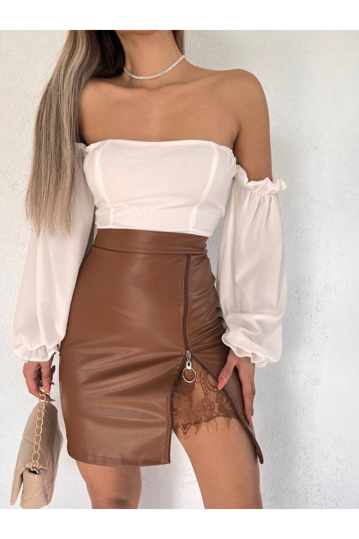 Leather Skirt with Lace Detail -Snuff