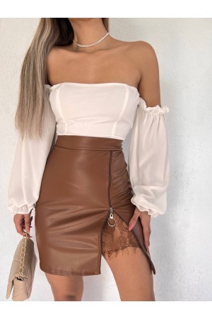 تنورة جلدية مع تفاصيل الدانتيل -بني كاشف