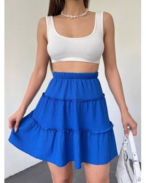 Parça Kumaş Beli Lastikli Şortlu Etek -Saks