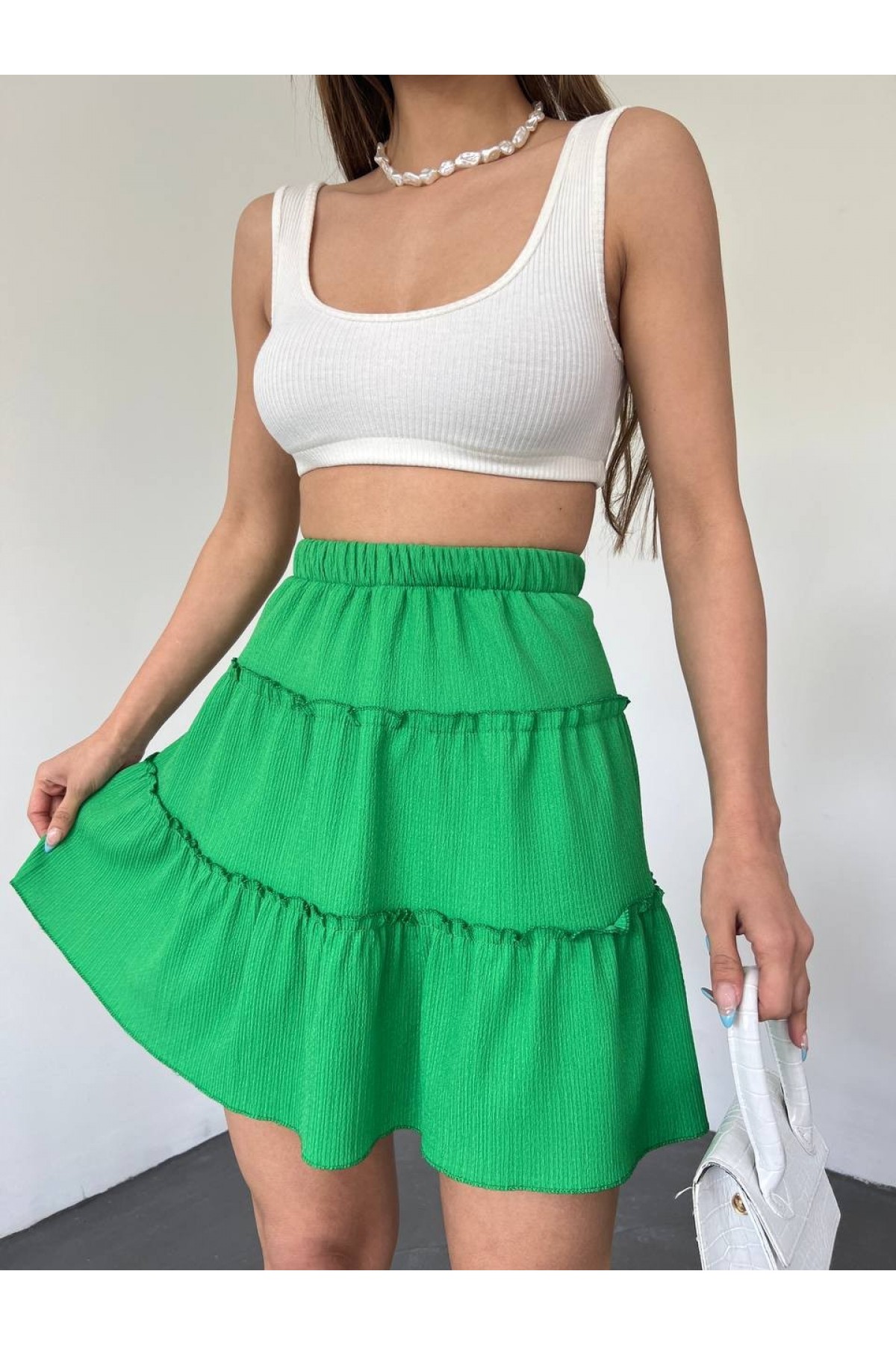 Piece Fabric Elastic Waist Short Skirt -Green