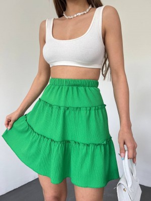 Parça Kumaş Beli Lastikli Şortlu Etek -Yeşil