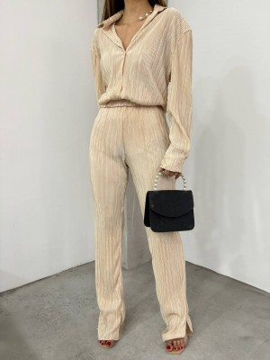 Plise Gömlekli İkili Takım  -Bej