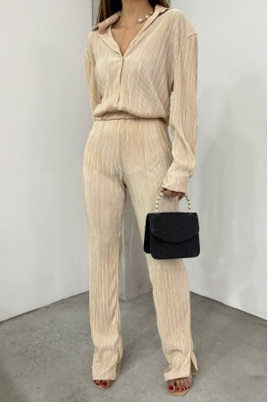 Plise Gömlekli İkili Takım  -Bej