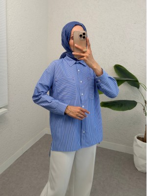 Puntalı Çizgili Gömlek -Mavi