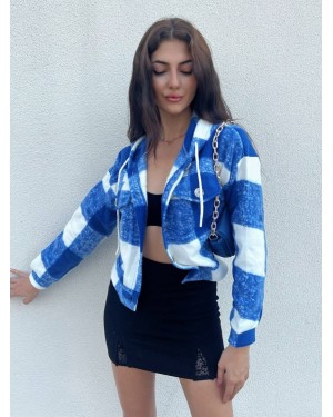 Hooded Plaid Fleece Crop Jacket -Blue