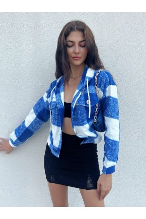 Kapşonlu Ekose Polar Crop Ceket -Mavi