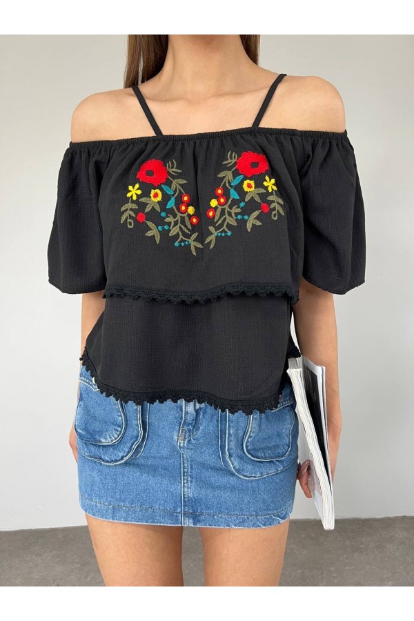 Rose Embroidered Guipure T-Shirt -Black