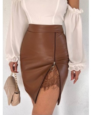Dantel Detaylı Deri Etek -Taba