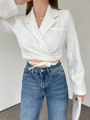 Backless Crop Jacket with Lace-Up Waist -White
