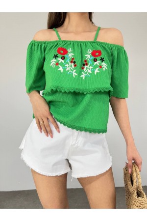 Gül Nakışlı Güpürlü İp Askılı Tişort -Yeşil