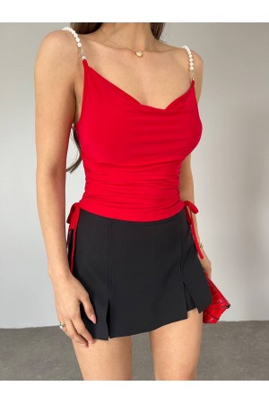 İnci Askılı Yanı Büzgülü Sandy Bluz  -Kırmızı