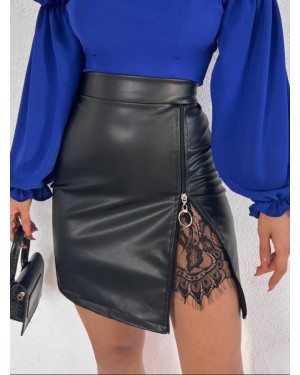 تنورة جلدية مع تفاصيل الدانتيل -أسود