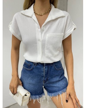 Double Sleeve Single Pocket Wrinkled Shirt  -White