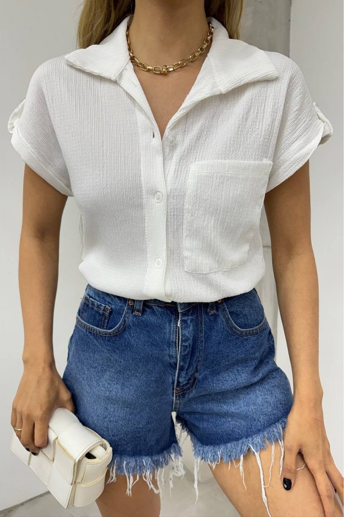 Double Sleeve Single Pocket Wrinkled Shirt  -White