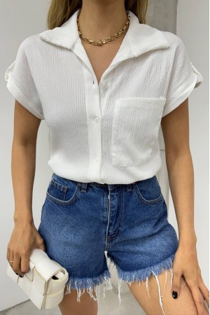 Duble Kol Tek Cepli Bürümcük Gömlek  -Beyaz