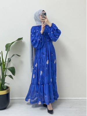 Bel ve Boyundan büzgülü Balon Kol Astarlı Şifon Elbise -Saks