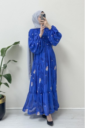 Bel ve Boyundan büzgülü Balon Kol Astarlı Şifon Elbise -Saks