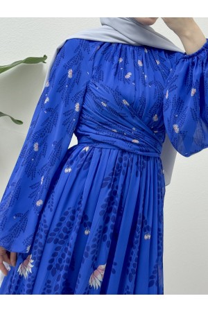 Bel ve Boyundan büzgülü Balon Kol Astarlı Şifon Elbise -Saks