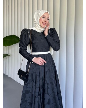 Kaftan evening dress with a cool print and a belted balloon skirt  -Black