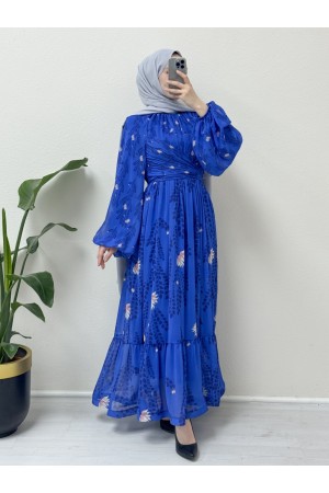 Bel ve Boyundan büzgülü Balon Kol Astarlı Şifon Elbise -Saks