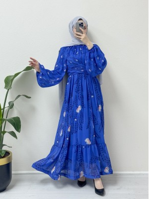 مُجمّع عند الخصر والرقبة، فستان شيفون مبطن بأكمام بالون  -أزرق شامي